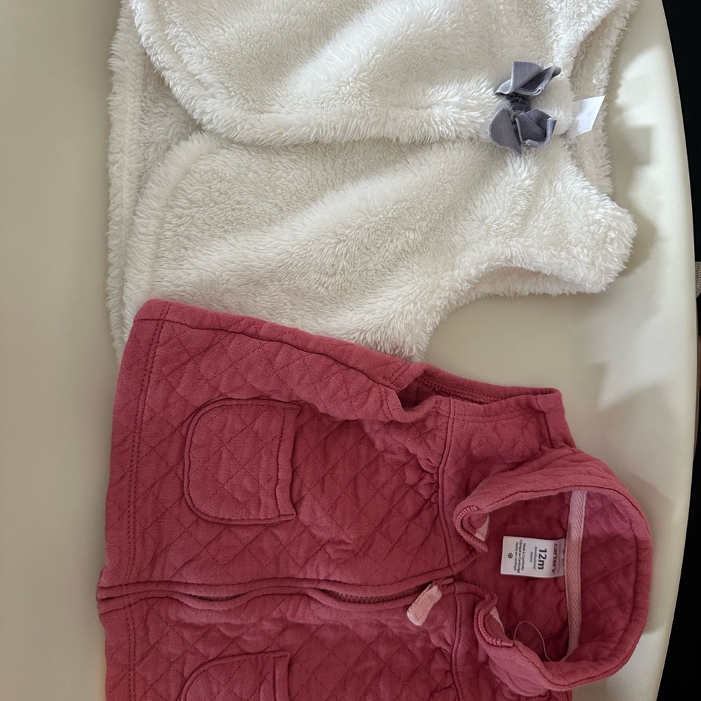 White Fuzzy Vest and Pink Quilted Jacket Set